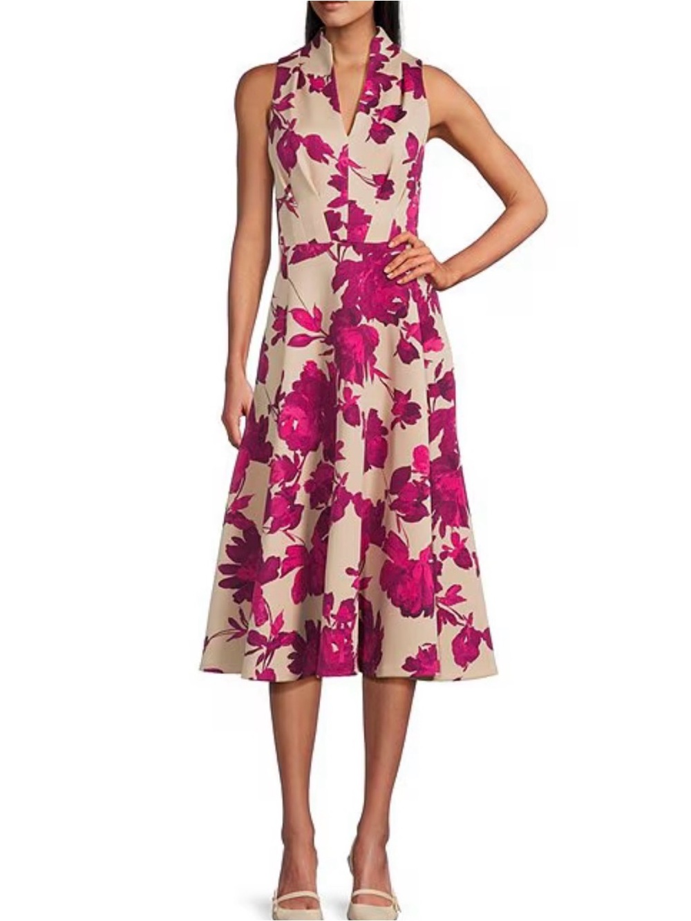 Sleeveless Beige Dress with Fuchsia Floral Print